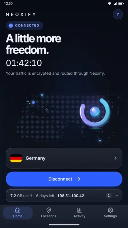 Screenshot of the Neoxify Android app in its dark theme, connected to Germany, with a Disconnect button below a dotted world map.