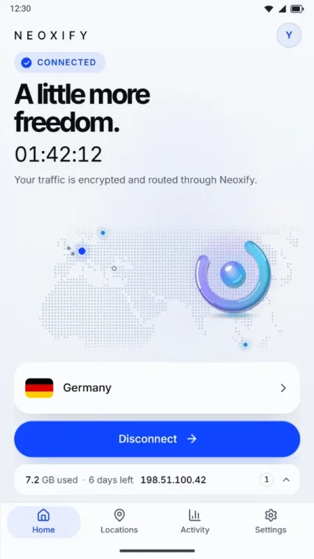 Screenshot of the Neoxify Android app, connected to Germany, with a Disconnect button below a dotted world map.